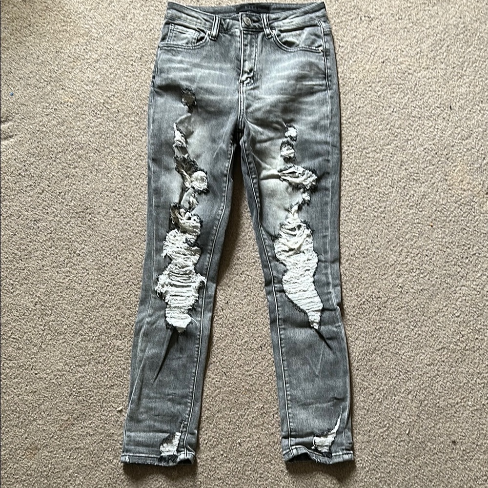 Risen Gray Wash Skinny Distressed Jeans Sz 1/25 RDP1290